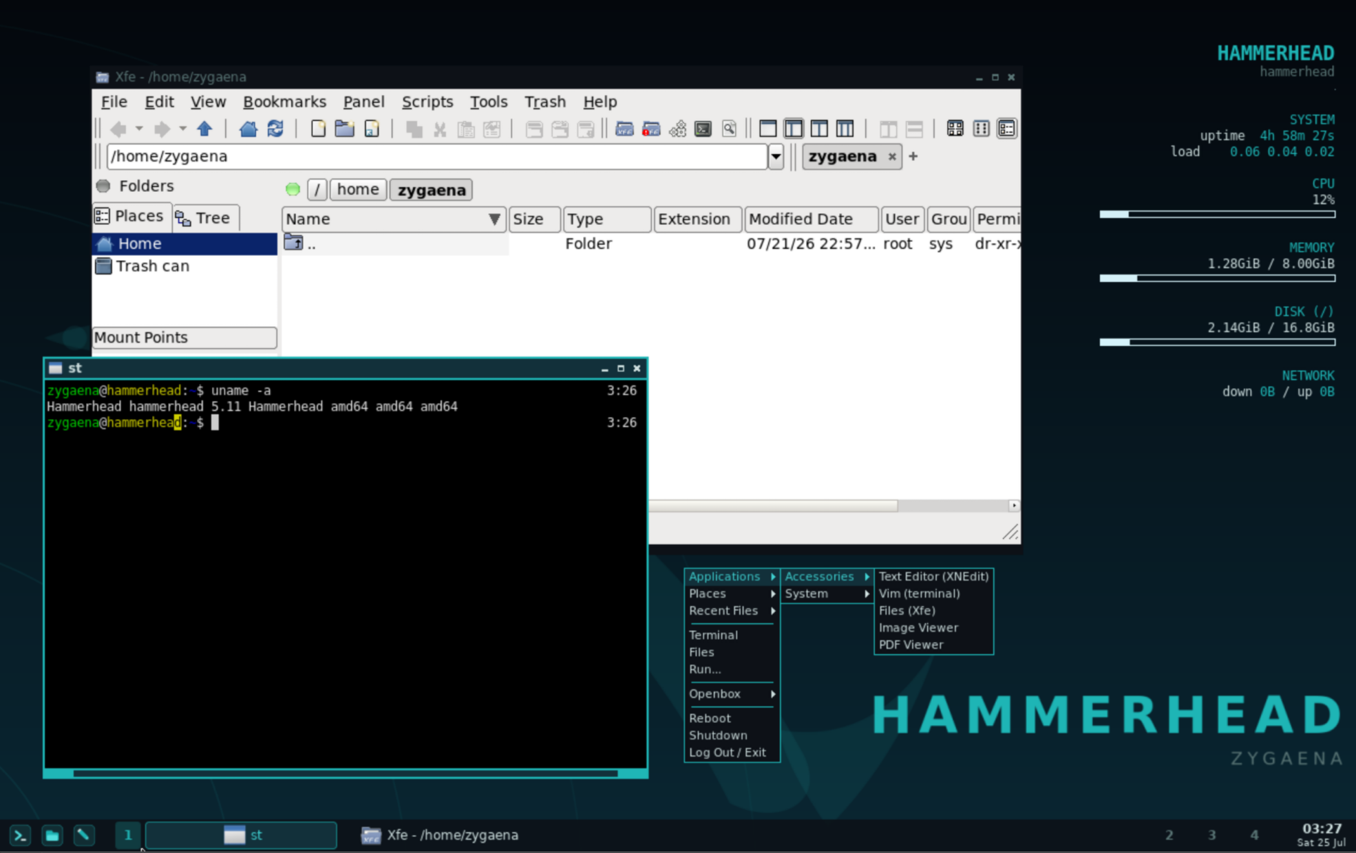 The Zygaena desktop: Openbox with the Xfe file manager, an st terminal running uname -a, and a system monitor panel